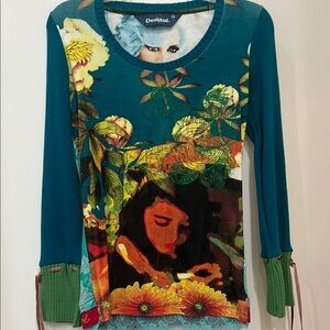 Desigual Blue Graphic Ribbed 3/4 Sleeve Sweater